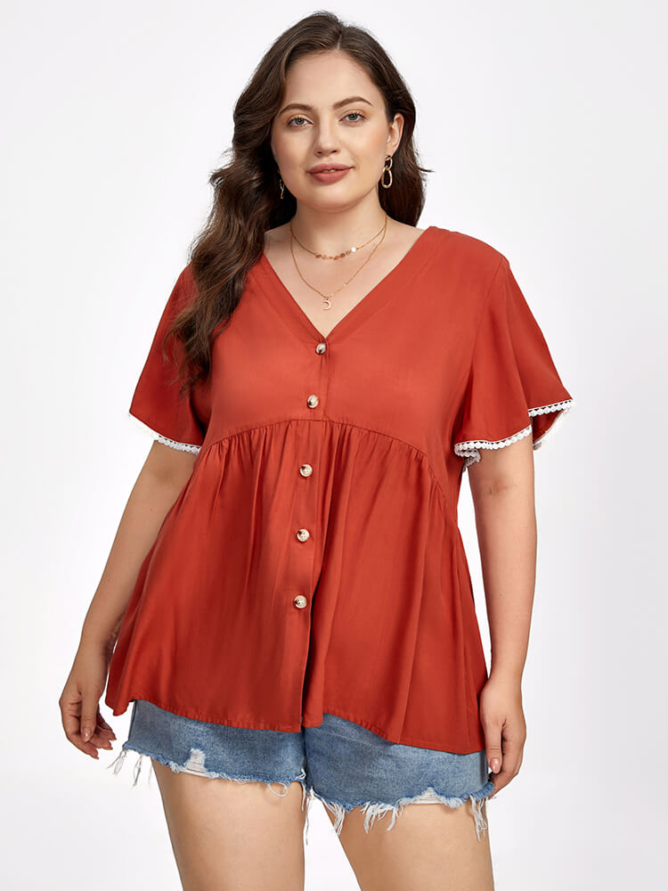 Plus Red V Neck Button Front Lace Ruffle Sleeve Blouse