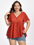 Plus Red V Neck Button Front Lace Ruffle Sleeve Blouse