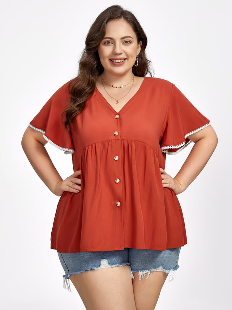 Plus Red V Neck Button Front Lace Ruffle Sleeve Blouse