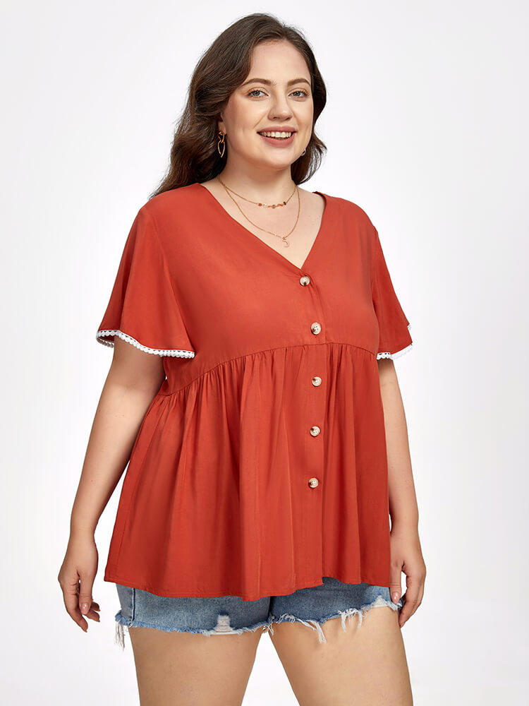 Plus Red V Neck Button Front Lace Ruffle Sleeve Blouse