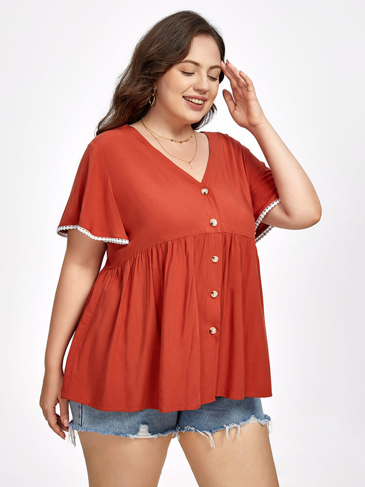 Plus Red V Neck Button Front Lace Ruffle Sleeve Blouse