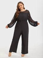 Plus Jacquard Mesh Patchwork Elastic Waist Jumpsuits