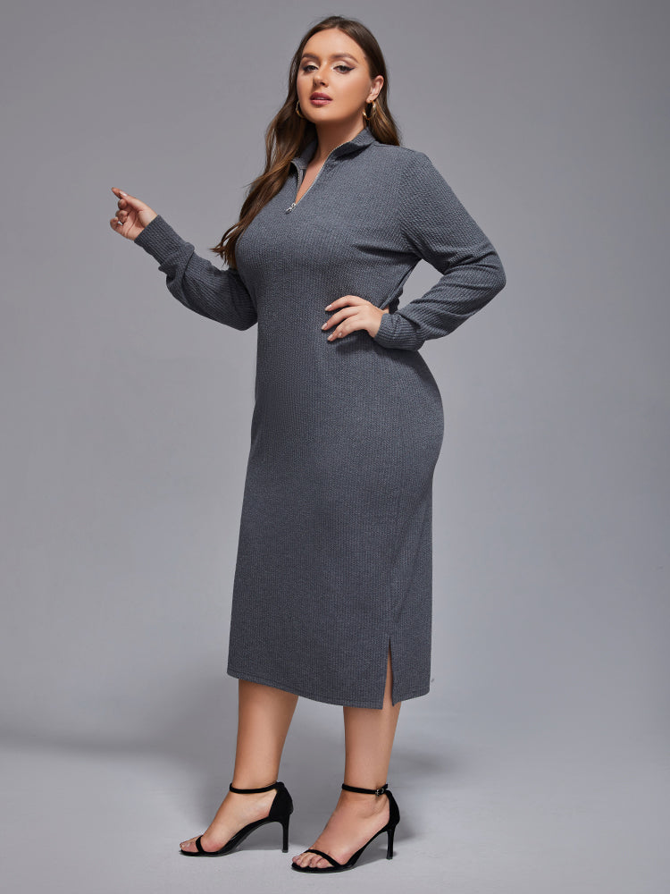 Plus Grey Band Collar Zipper Split Midi Knit Dress