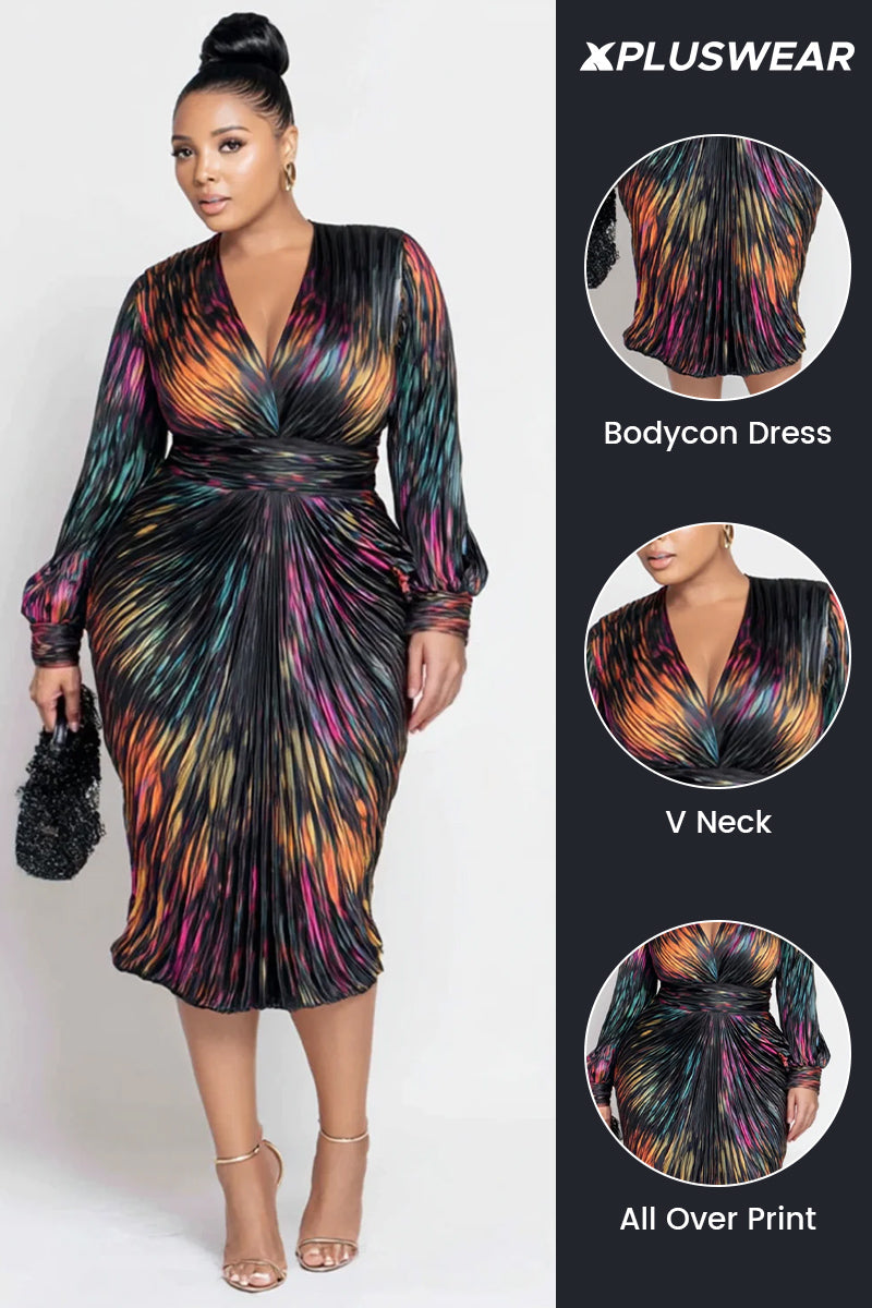 Xpluswear Design Plus Size Business Casual Multicolor All Over Print V Neck Long Sleeve Bodycon Elegant Satin Midi Dresses