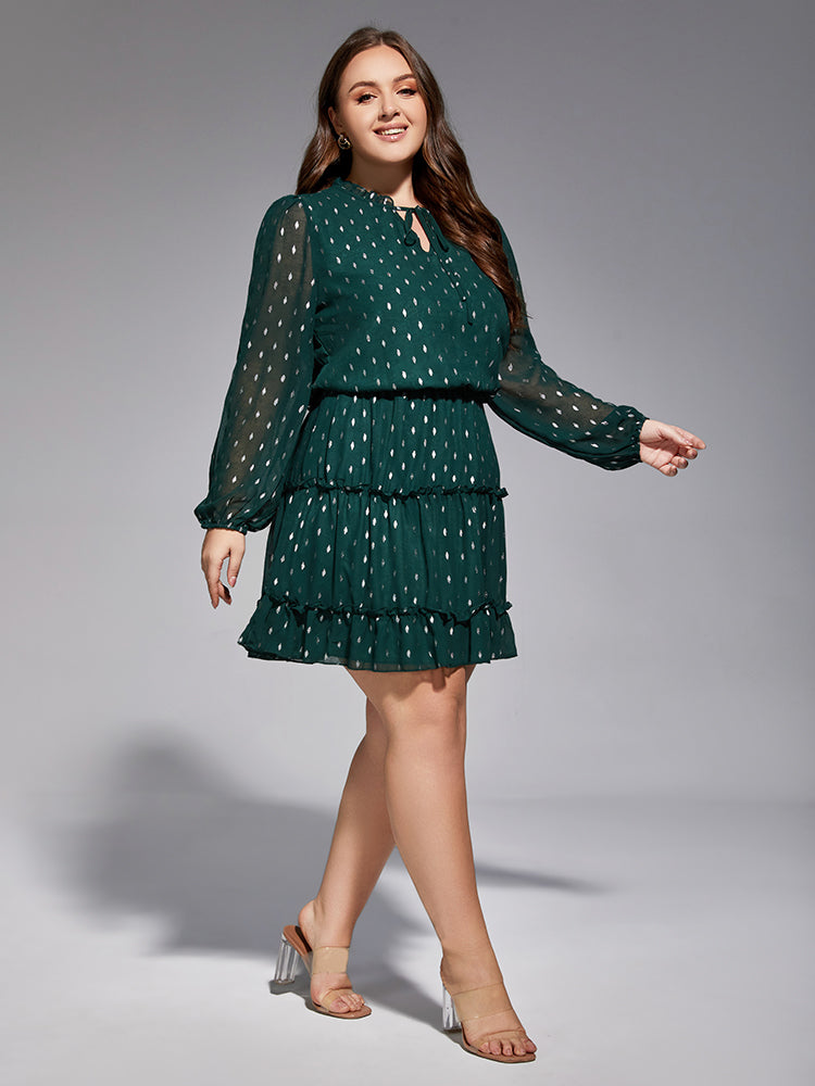 Plus Polka Dot Tie Neck Tiered Dress