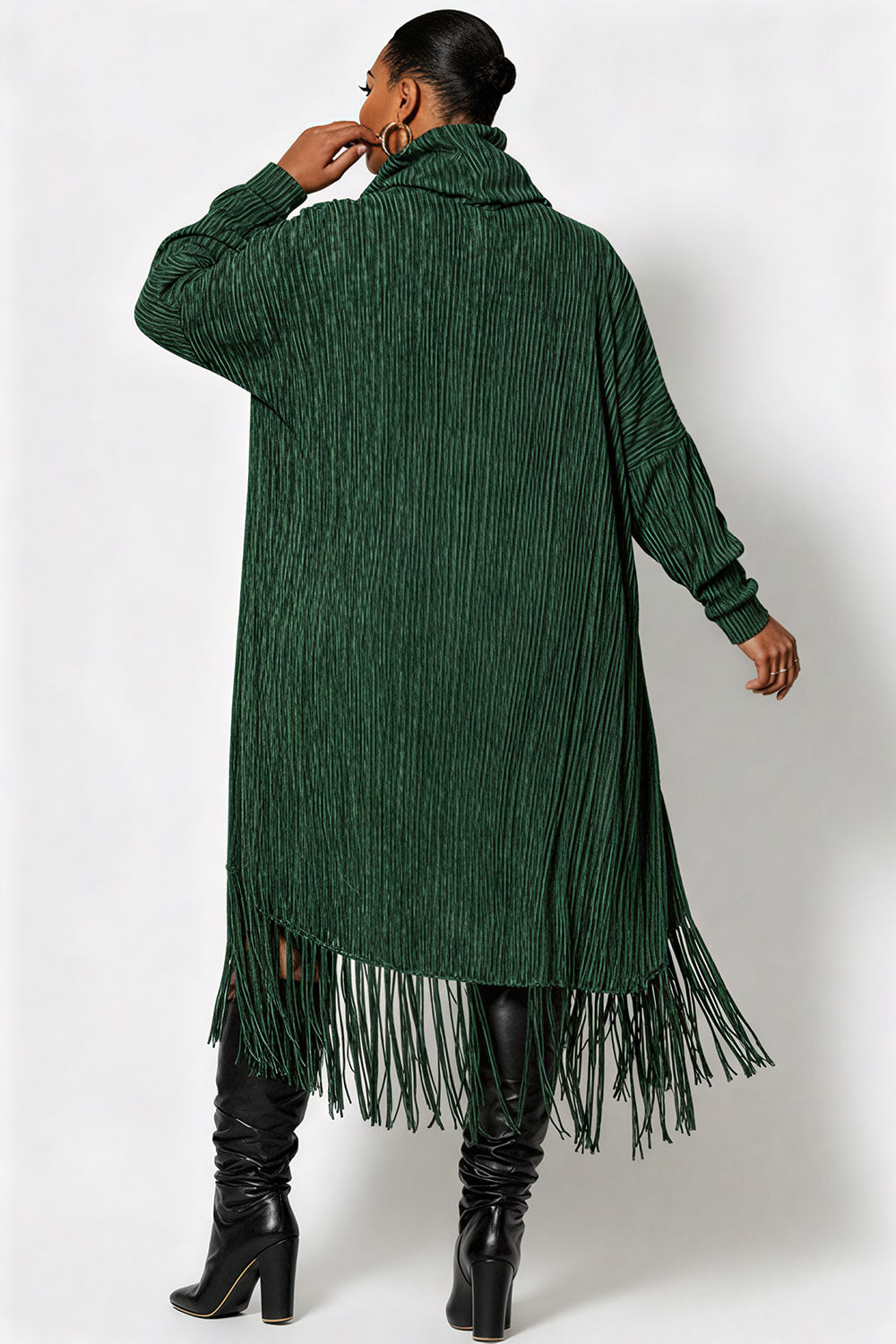 Xpluswear Design Plus Size Daily Green High Collar Long Sleeve Split Casual Pocket Midi Dresses