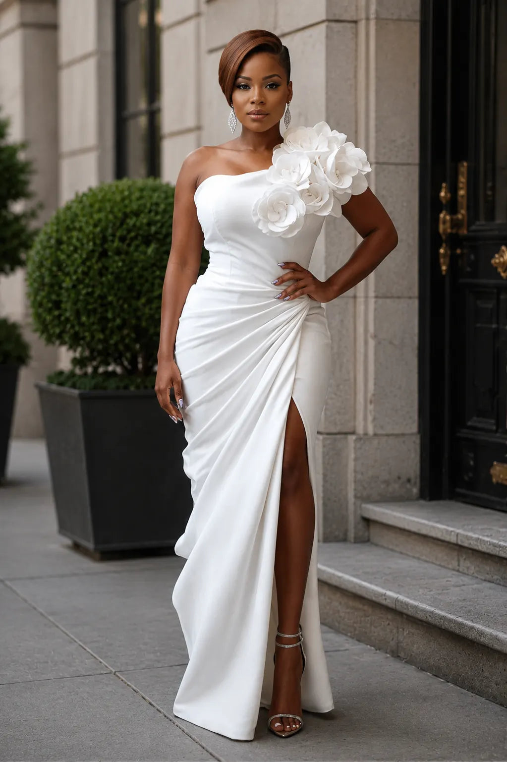 Xpluswear Design Plus Size Wedding White Elegant One Shoulder Strappy 3D Maxi Dresses