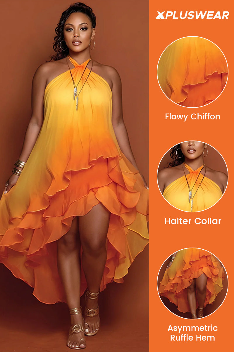 Xpluswear Design Plus Size Vacation Sundress Multicolor Gradient Halter Collar Ruffle Asymmetric Hem Irregular Hem Chiffon Midi Dresses