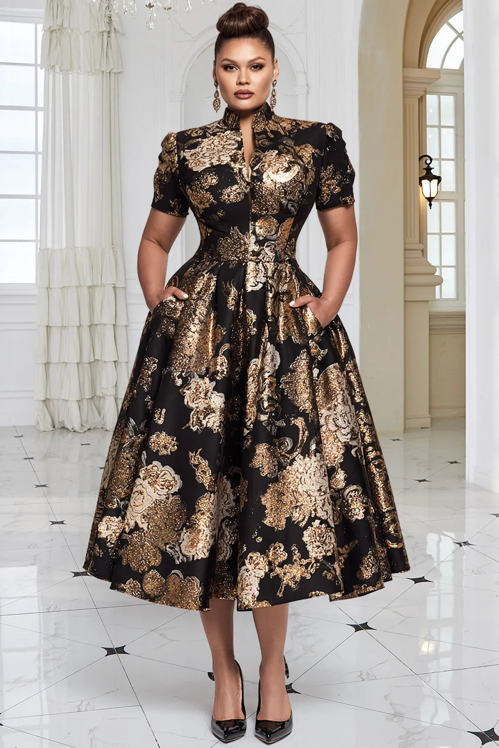 Xpluswear Design Plus Size Formal Black All Over Print Stand-Up Collar Short Sleeve Pocket Elegant Satin Midi Dresses