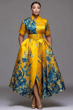 Xpluswear Design Plus Size Formal Yellow All Over Print Stand-Up Collar Short Sleeve Wrap Pocket Satin Midi Dresses