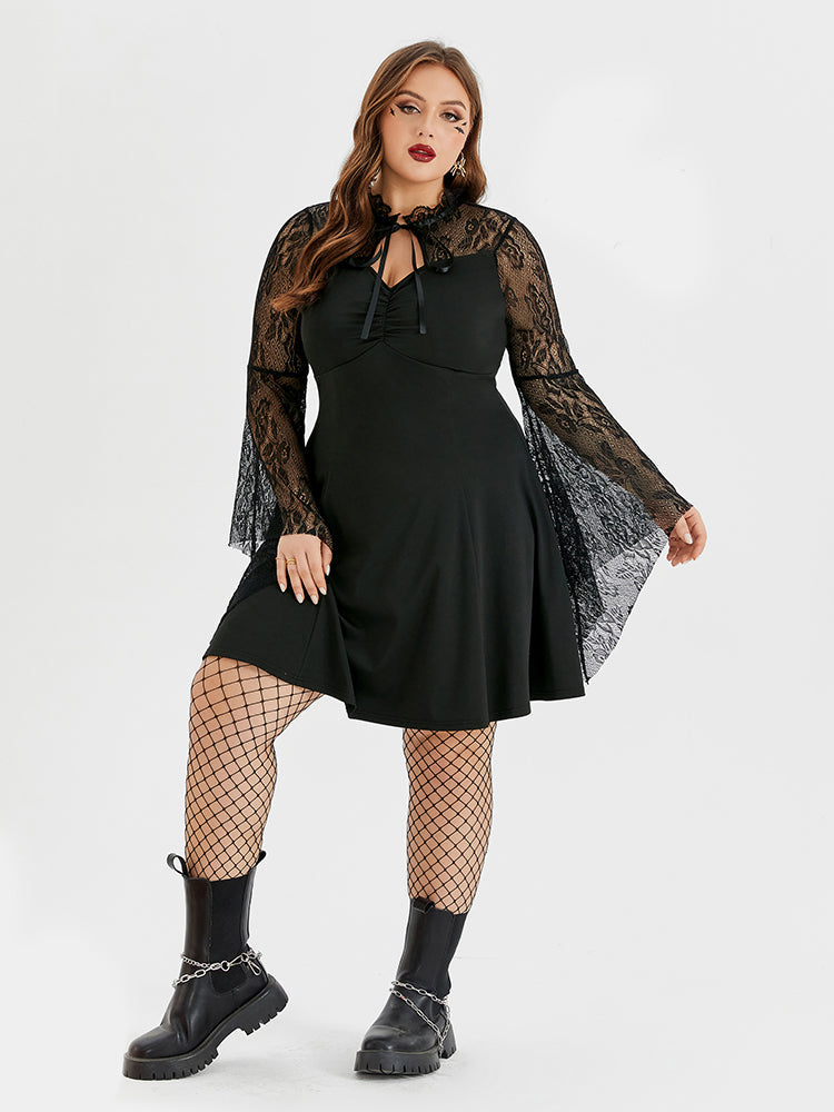 VIP Halloween Floral Print Tie Neck Mesh Dress