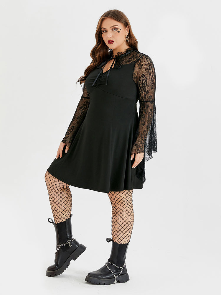 VIP Halloween Floral Print Tie Neck Mesh Dress