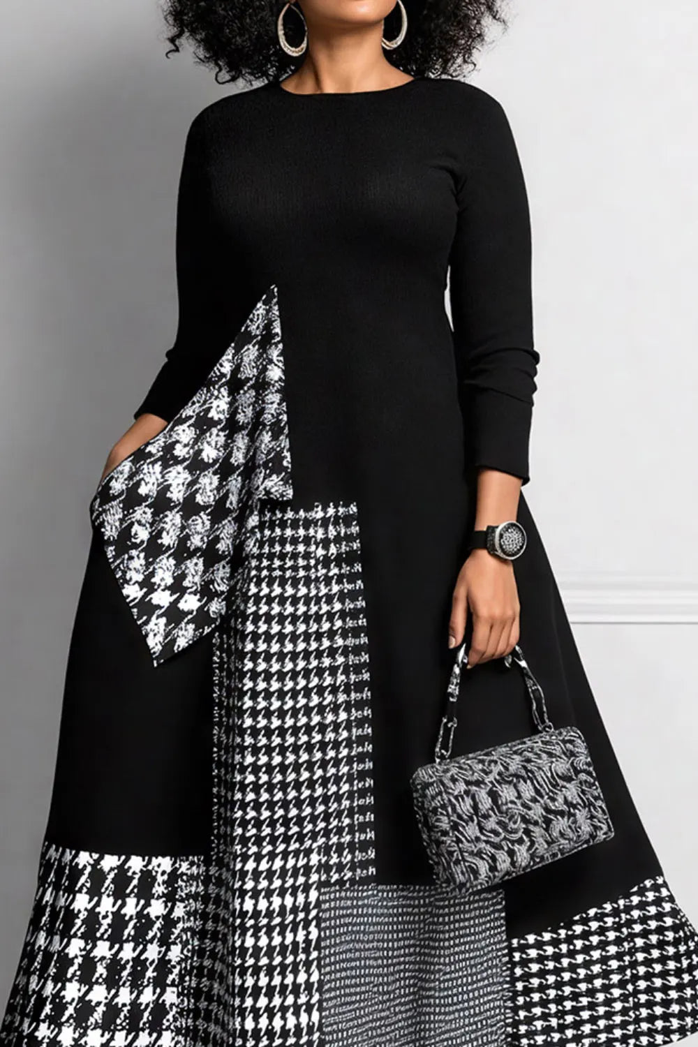 Xpluswear Design Plus Size Daily Black Houndstooth Round Neck Long Sleeve Pocket Elegant Maxi Dresses