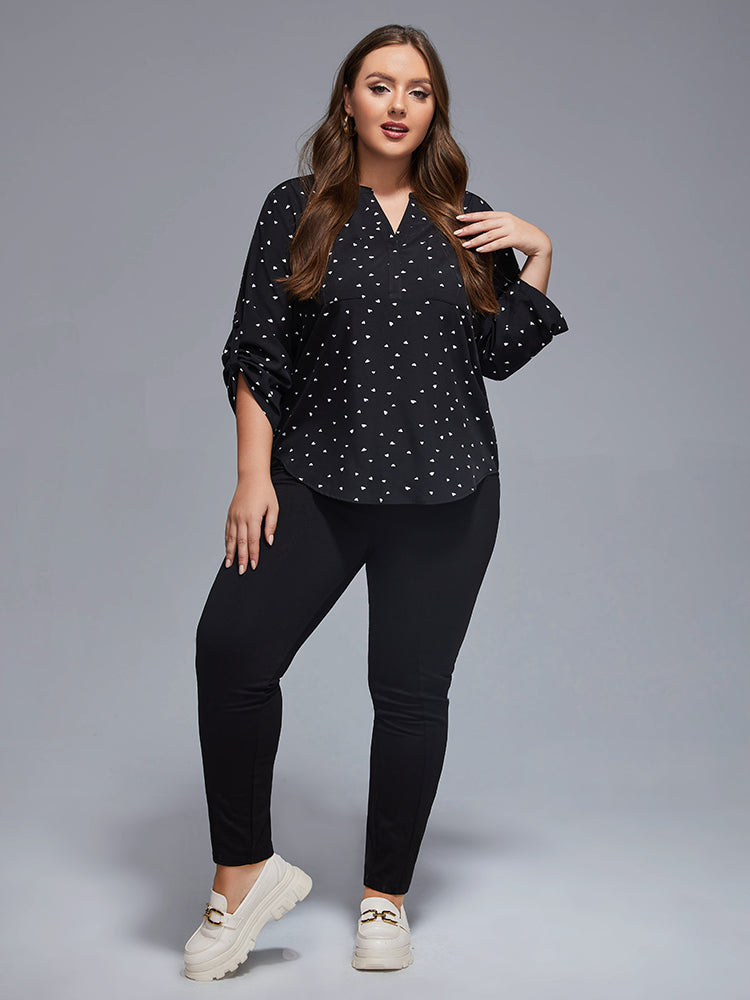 Plus Heart Print Button Front Cuffed Sleeve Blouse