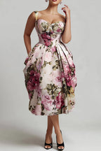 Xpluswear Design Plus Size Cocktail Party Pink Floral Sweetheart Neck Pleated Pocket Satin Midi Dresses