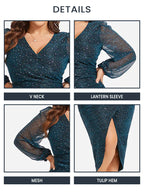 VIP Contrast Mesh Lantern Sleeve Wrap Sequin Midi Dress