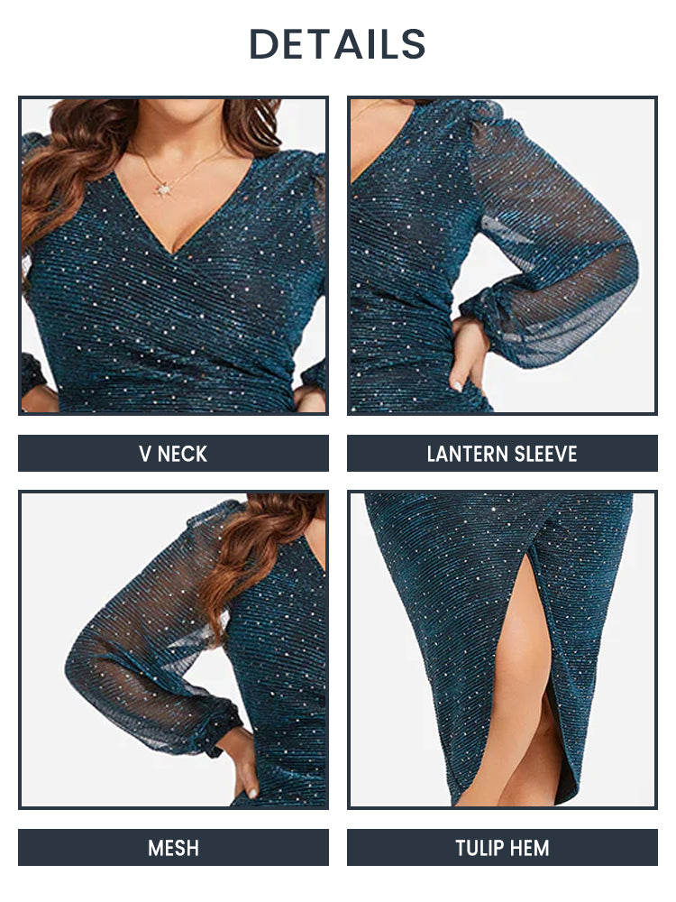 VIP Contrast Mesh Lantern Sleeve Wrap Sequin Midi Dress