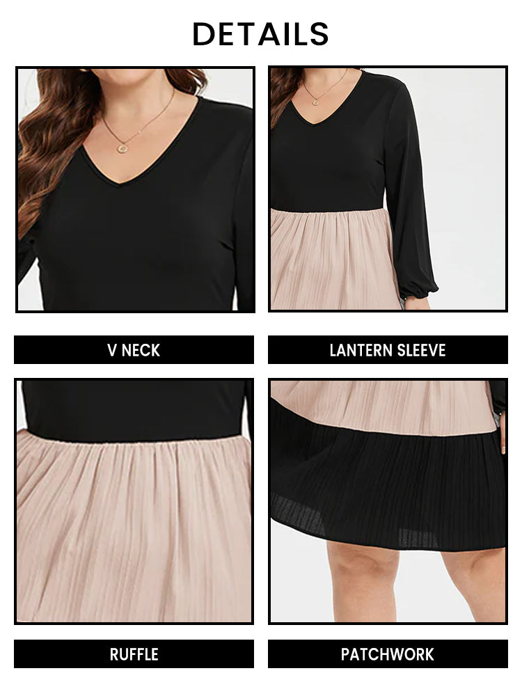 Two Tone V-Neck Lantern Sleeve Ruffle Hem Midi Dress