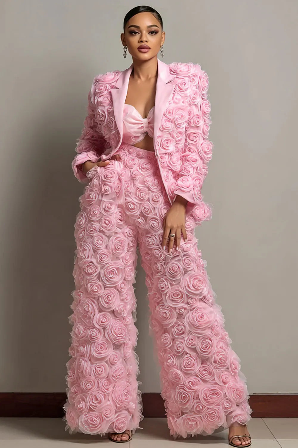 Xpluswear Design Plus Size Formal Pink Lapel Collar Long Sleeve 3D Pocket Tulle Two Piece Pant Suits