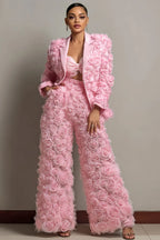 Xpluswear Design Plus Size Formal Pink Lapel Collar Long Sleeve 3D Pocket Tulle Two Piece Pant Suits