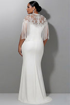 Xpluswear Design Plus Size Wedding Sequin White Round Neck Short Sleeve Mermaid Strappy Satin Maxi Dresses