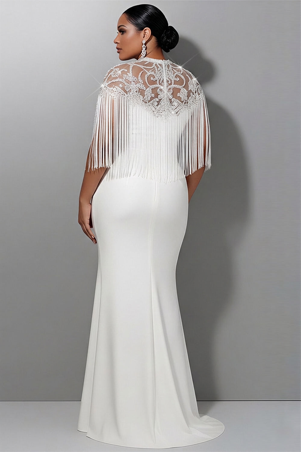 Xpluswear Design Plus Size Wedding Sequin White Round Neck Short Sleeve Mermaid Strappy Satin Maxi Dresses