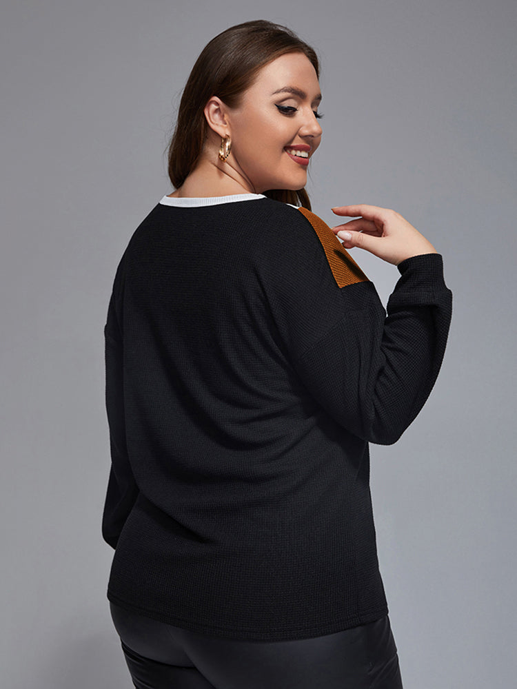 Plus Colorblock Contrast Waffle Sweater