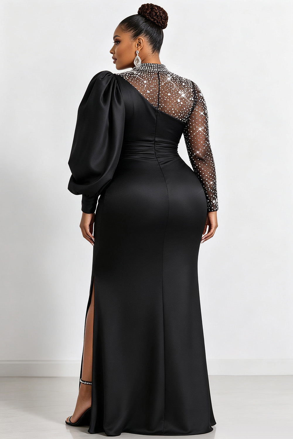 Xpluswear Design Plus Size Formal Black Round Neck Lantern Sleeve Long Sleeve Drilling Split Satin Maxi Dresses [Pre-Order]
