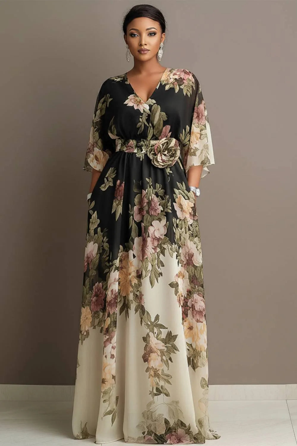 Xpluswear Design Plus Size Wedding Guest Black Floral Round Neck Flare 3/4 Sleeve Pocket 3D Chiffon Maxi Dresses