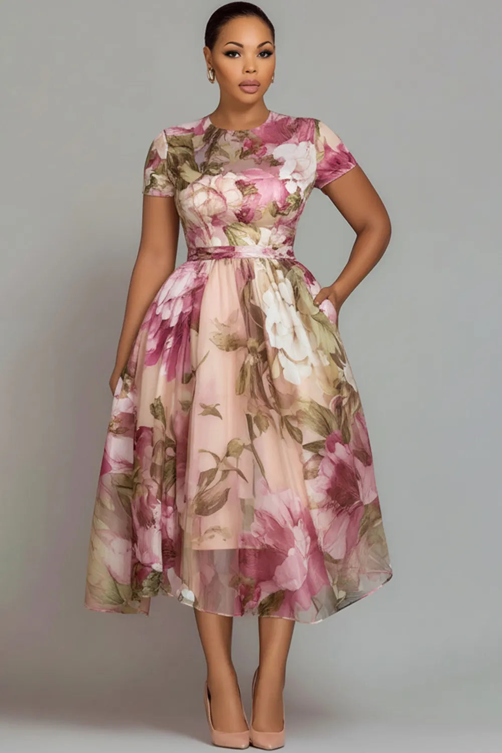 Xpluswear Design Plus Size Wedding Guest Pink Floral Round Neck Short Sleeve Pocket See Through Chiffon Midi Dresses
