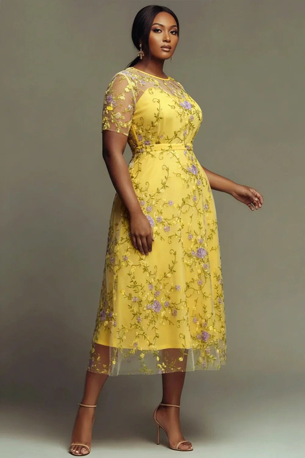 Xpluswear Design Plus Size Cocktail Party Yellow Floral Round Neck Short Sleeve Embroidery See Through Midi Dresses