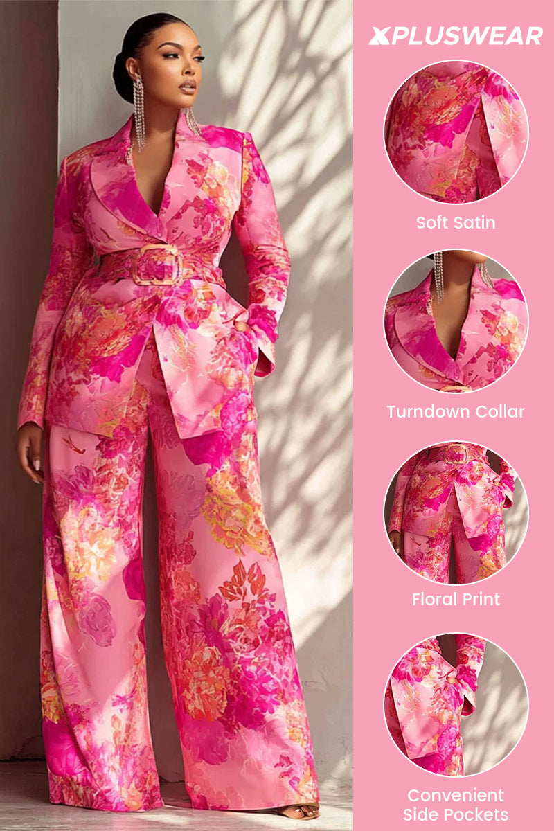 Xpluswear Design Plus Size Formal Hot Pink Turndown Collar Long Sleeve Pocket Satin Two Piece Pant Suits