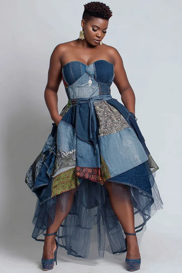Xpluswear Design Plus Size Party Blue All Over Print Pocket High Low Hem Tulle Midi Dresses