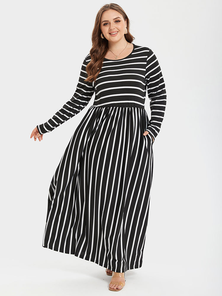 Striped Print Round Neck Pocket Maxi Dress