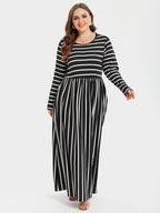 Striped Print Round Neck Pocket Maxi Dress