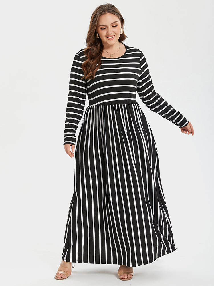 Striped Print Round Neck Pocket Maxi Dress