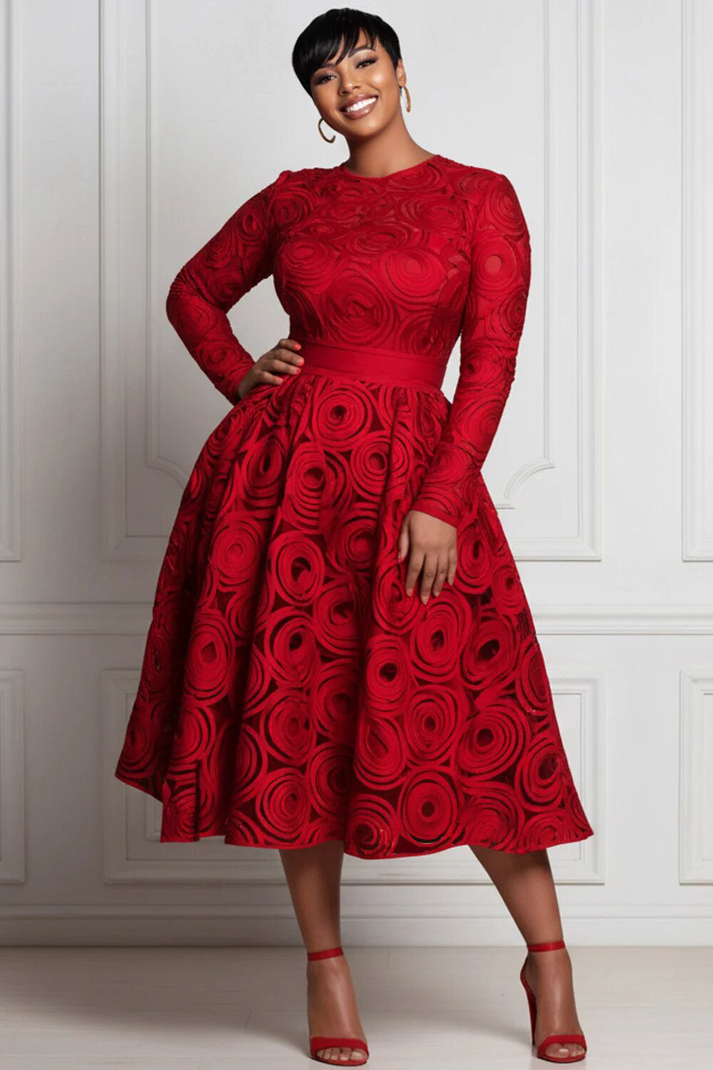 Xpluswear Design Plus Size Pink All Over Print Round Neck Long Sleeve Pocket Elegant Satin Midi Dresses
