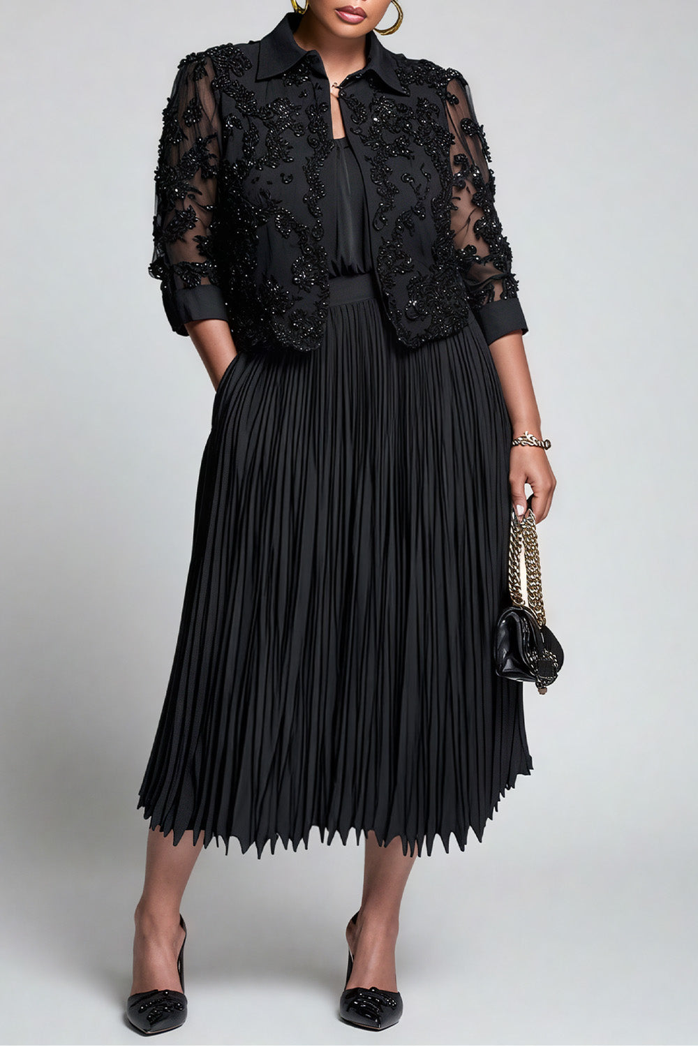 Xpluswear Design Plus Size Churchs Black Shirt Collar 3/4 Sleeve Pleated Elegant Pocket Lace Two Piece Skirt Sets