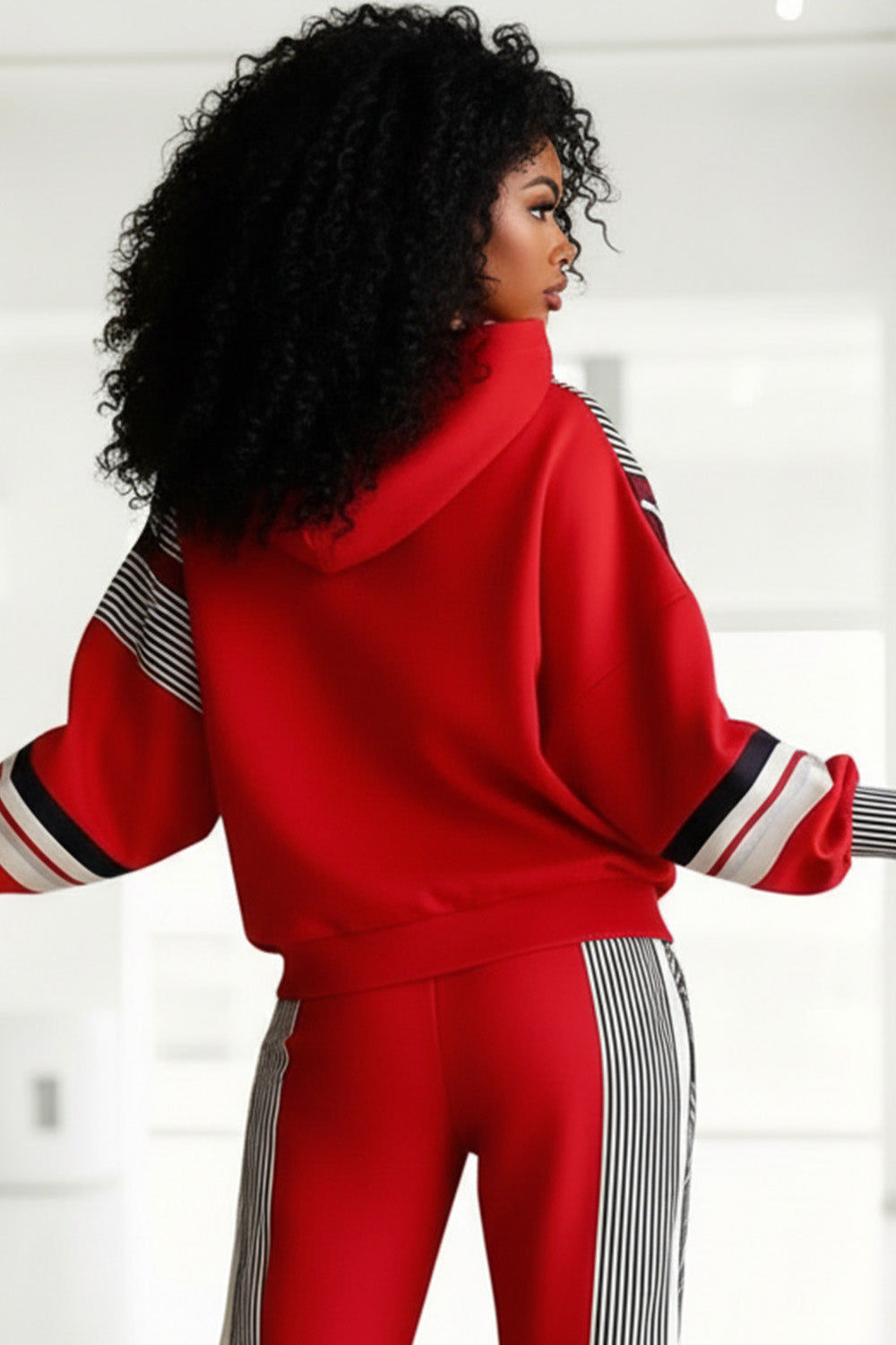Plus Size Daily Red Striped Hooded Long Sleeve Ruched Casual Sweatshirts
