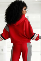 Plus Size Daily Red Striped Hooded Long Sleeve Ruched Casual Sweatshirts