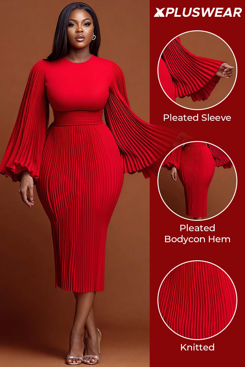 Xpluswear Design Plus Size Christmas Red Round Neck Flare Long Sleeve Bodycon Elegant Pleated Knitted Midi Dresses