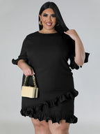 Solid Round Neck Ruffle Trim Dress