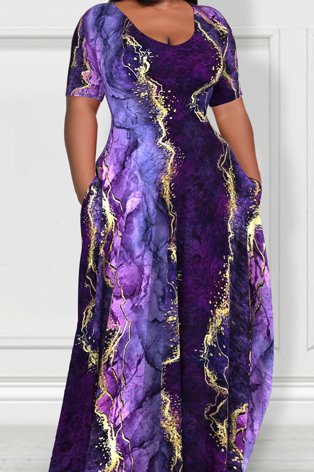 Xpluswear Design Plus Size Purple Ombre Marble Texture Short Sleeve Maxi Dresses
