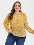 Allover Print Ruched Shoulder V-Neck Blouse