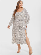 VIP Leopard Print Square Neck Split Thigh Midi Dress