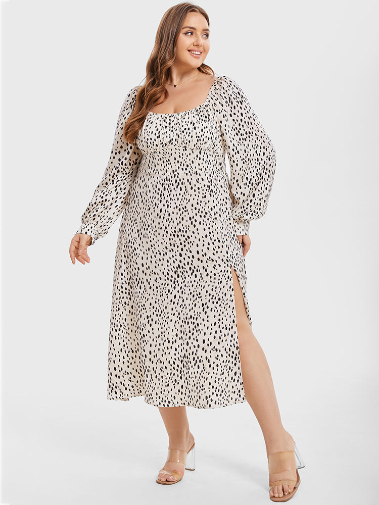 VIP Leopard Print Square Neck Split Thigh Midi Dress