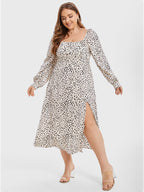 VIP Leopard Print Square Neck Split Thigh Midi Dress