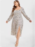 VIP Leopard Print Square Neck Split Thigh Midi Dress