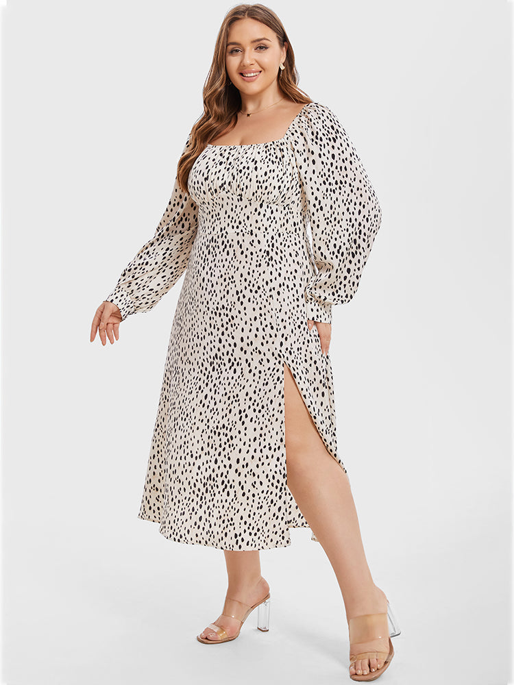 VIP Leopard Print Square Neck Split Thigh Midi Dress