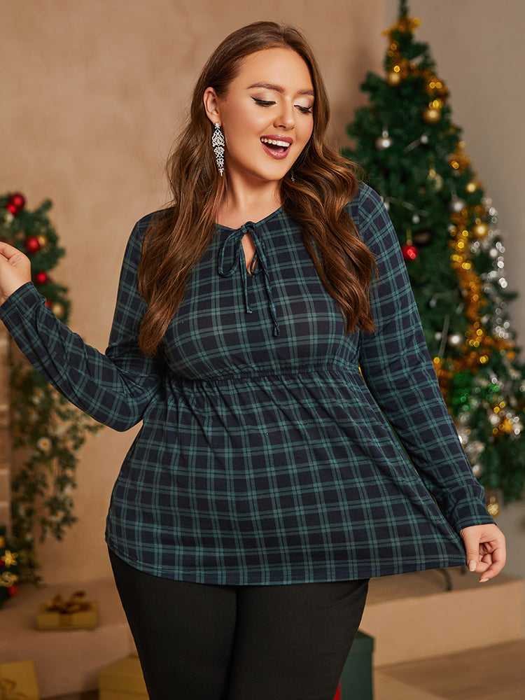 Plus Plaid Neck Tie Elastic Waist Blouse